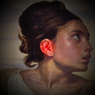 Gemälde des Kopfes einer Frau, Seitenansicht, ihr Ohr ist rot eingefärbt