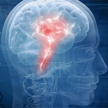 Blau eingefärbtes Röntgenbild eines Kopfes, Seitenansicht, im mittleren Bereich rot eingefärbt